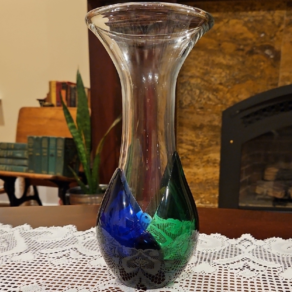 Elegant Hand Blown Cobalt Blue & Emerald Green Sommerso Style Teardrop Vase